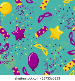 Party seamless pattern with confetti, masquerade mask, yellow and purple balloons on petrol background. Vector illustration for wallpaper, wrapping paper, decoration.