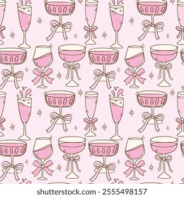 Party Seamless Pattern Coquette Retro Pink Drinks Celebration Hand Drawn Doodle 