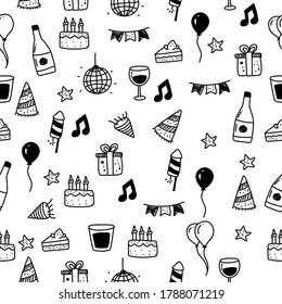 Party seamless pattern drawn in doodle style with black color. Party element doodle illustration 