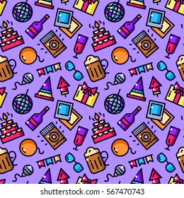 Party seamless pattern with objects in line style, night life vector illustration