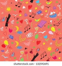 Party seamless pattern with wine, music symbols and flowers cartoon