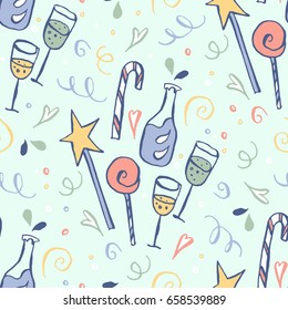 Party seamless vector pattern with hand drawn elements in pastel colors. Included lollipops, star, confetti, drinks & other on green background. Good for cards, textile print & any thematic design.