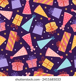 Party seamless vector pattern. Holiday hats and gift boxes on a dark background. Items for birthday, festival, carnival. Surprises with bows and colorful ribbons. Paper caps and presents for kids