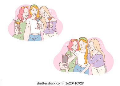 Party, selfie, friendhip, social media set concept. Young girls went on party tonight and have fun. Best friends take selfie and post it insocial media. Friendship lasts forever. Simple flat vector