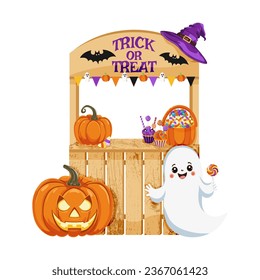 Party send with Halloween symbols. Wooden booth with cute ghost, candies, cupcakes, sweets, pumpkin, witch hat. To celebrate Halloween. Vector illustration.