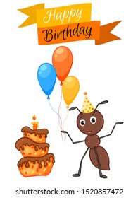 Party set with ant and colorful items on a white background. Inscription "Happy Birthday". Multicolored. Vector