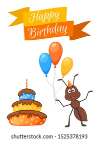 Party set with ant and colorful items on a white background. Inscription "Happy Birthday". Multicolored. Vector