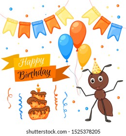 Party set with ant and colorful items on a white background. Inscription "Happy Birthday". Multicolored. Vector