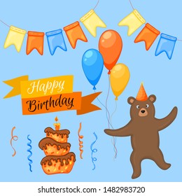 Party set with bear and colorful items on a white background. Inscription "Happy Birthday". Multicolored. Vector.