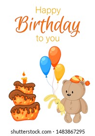 Party set with bear and colorful items on a white background. Inscription "Happy Birthday". Multicolored. Vector.