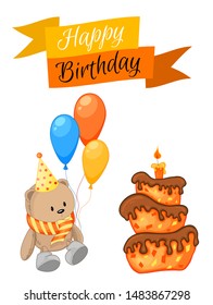 Party set with bear and colorful items on a white background. Inscription "Happy Birthday". Multicolored. Vector.