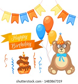 Party set with bear and colorful items on a white background. Inscription "Happy Birthday". Multicolored. Vector.