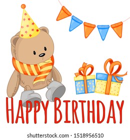 Party set with bear and colorful items on a white background. Inscription "Happy Birthday". Multicolored. Vector
