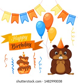 Party set with beaver and colorful items on a white background. Inscription "Happy Birthday". Multicolored. Vector.