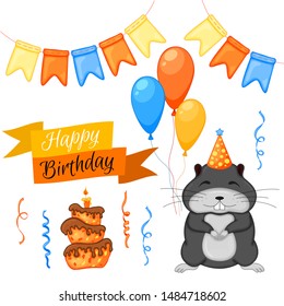 Party set with beaver and colorful items on a white background. Inscription "Happy Birthday". Multicolored. Vector.