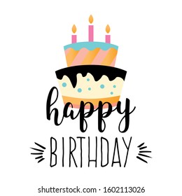 Party set with cake and colourful items on a white background. Inscription "Happy Birthday". Multicoloured. Vector illustration.