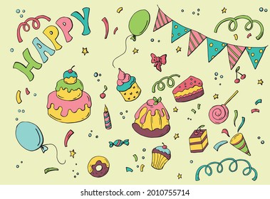 Party set with colorful sweety and cakes 