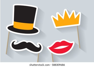 Party Set. Concept With Cardboard Carnival Mask. Includes Crown, Hat, Lips And Mustache. Masks For A Photo Shoot.