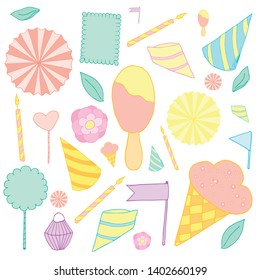 Party set in a cute childish style. ce cream, party hat, flags, postcard, candles, paper bags, toppers, lanterns in kid's light colors. For holiday decoration, cards, scrapbooking.