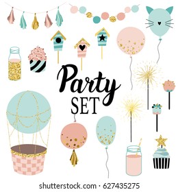 Party set of decorations, toppers, baloons, cakes, garlands with flags. Vector hand drawn illustration, scandinavian style in mint, ping colors with gold glittering elements.