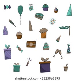 Party set. elements of celebration . balloons and gifts, fireworks, drinks and glasses. all elements for happy party . can be used for invitations design, postcards, web, social media icons