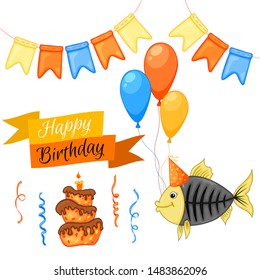 Party set with fish and colorful items on a white background. Inscription "Happy Birthday". Multicolored. Vector.