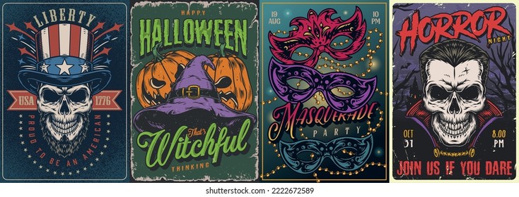 El partido puso volantes de colorido cráneo vintage sobre la invitación del día de la independencia de Estados Unidos y ilustración vectorial de Halloween o mascarada de feriado