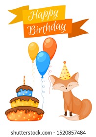 Party set with fox and colorful items on a white background. Inscription "Happy Birthday". Multicolored. Vector