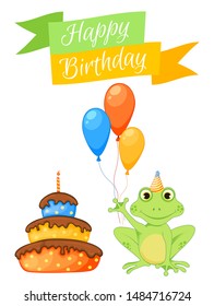 Party set with frog and colorful items on a white background. Inscription "Happy Birthday". Multicolored. Vector.