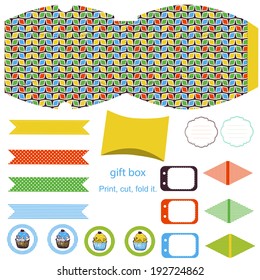 Party set. Gift box template.  Abstract geometric pattern. Empty labels and cupcake toppers and food tags. 