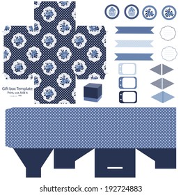 Party set. Gift box template.  Abstract floral shabby chic pattern, classic country roses. Empty labels and cupcake toppers and food tags. 