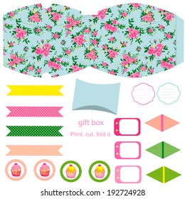 Party set. Gift box template.  Abstract floral shabby chic pattern, classic country roses. Empty labels and cupcake toppers and food tags. 