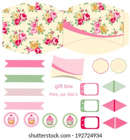 Party set. Gift box template.  Abstract floral shabby chic pattern, classic country roses. Empty labels and cupcake toppers and food tags. 