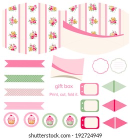 Party set. Gift box template.  Abstract floral shabby chic pattern, classic country roses. Empty labels and cupcake toppers and food tags. 