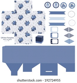 Party set. Gift box template.  Abstract floral shabby chic pattern, classic country roses. Empty labels and cupcake toppers and food tags. 