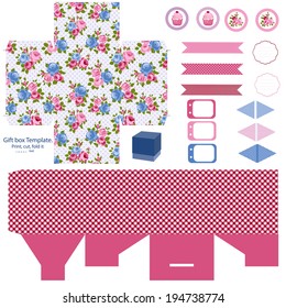 Party set. Gift box template.  Abstract floral shabby chic pattern, classic country roses. Empty labels and cupcake toppers and food tags. 