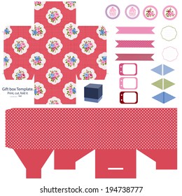 Party set. Gift box template.  Abstract floral shabby chic pattern, classic country roses. Empty labels and cupcake toppers and food tags. 