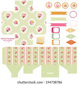 Party set. Gift box template.  Abstract floral shabby chic pattern, classic country roses. Empty labels and cupcake toppers and food tags. 