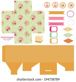 Party set. Gift box template.  Abstract floral shabby chic pattern, classic country roses. Empty labels and cupcake toppers and food tags. 