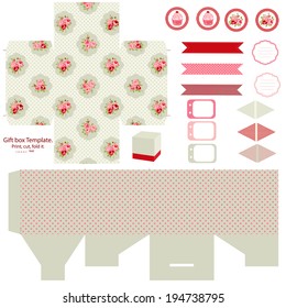 Party set. Gift box template.  Abstract floral shabby chic pattern, classic country roses. Empty labels and cupcake toppers and food tags. 