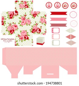 Party set. Gift box template.  Abstract floral shabby chic pattern, classic country roses. Empty labels and cupcake toppers and food tags. 