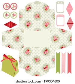 Party set. Gift box template.  Abstract floral shabby chic pattern, classic country roses. Empty labels and cupcake toppers and food tags. 