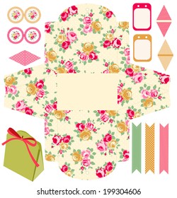 Party set. Gift box template.  Abstract floral shabby chic pattern, classic country roses. Empty labels and cupcake toppers and food tags. 