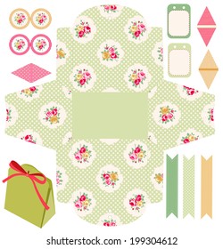 Party set. Gift box template.  Abstract floral shabby chic pattern, classic country roses. Empty labels and cupcake toppers and food tags. 