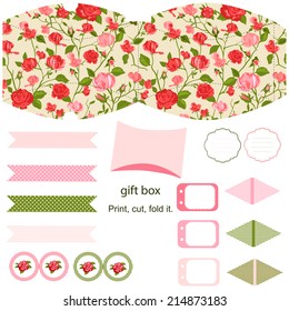 Party set. Gift box template.  Abstract floral shabby chic pattern, classic country roses. Empty labels and cupcake toppers and food tags. 