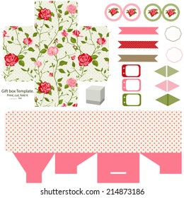 Party set. Gift box template.  Abstract floral shabby chic pattern, classic country roses. Empty labels and cupcake toppers and food tags. 