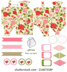 Party set. Gift box template.  Abstract floral shabby chic pattern, classic country roses. Empty labels and cupcake toppers and food tags. 