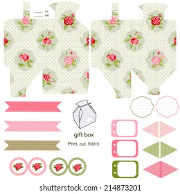 Party set. Gift box template.  Abstract floral shabby chic pattern, classic country roses. Empty labels and cupcake toppers and food tags. 