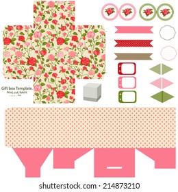 Party set. Gift box template.  Abstract floral shabby chic pattern, classic country roses. Empty labels and cupcake toppers and food tags. 