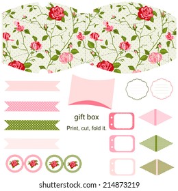 Party set. Gift box template.  Abstract floral shabby chic pattern, classic country roses. Empty labels and cupcake toppers and food tags. 